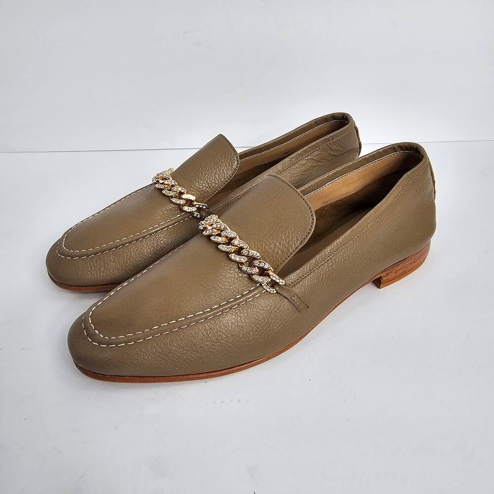Demaria Women's Tan Leather Loafers Gold Chain Embellished Slip On Size Unmarked